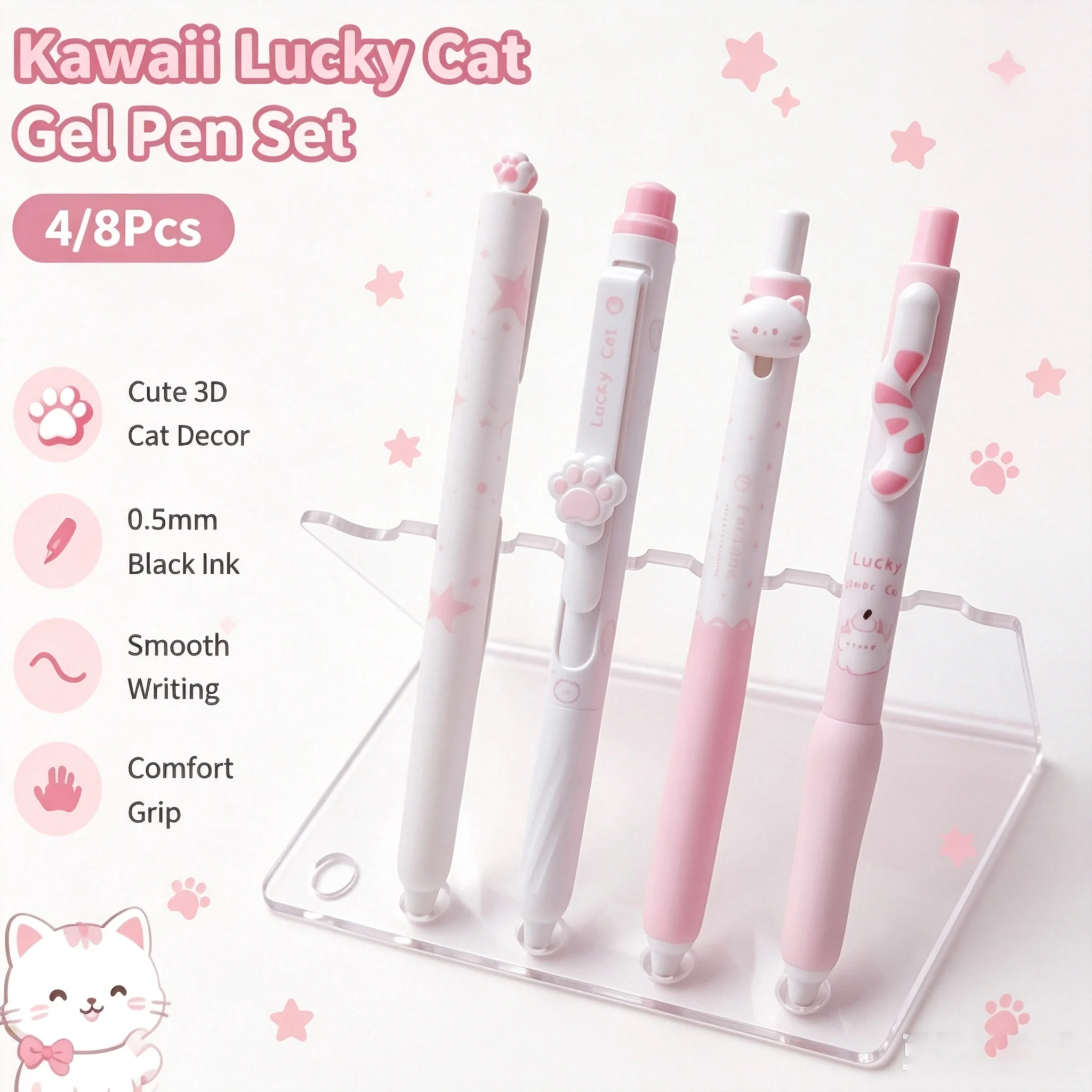4/8Pcs Kawaii Lucky Cat Gel Pen Set Cute 3D Cat Paw Tail Decor Retractable Twist Pen 0.5mm Black Ink Student Writing Stationery