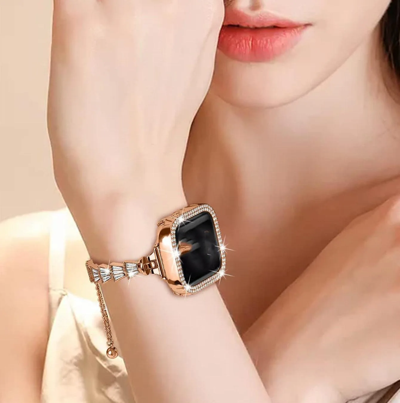 Metal Diamond Strap+Glass Case for Apple Watch 8 7 45mm 44mm Women Bracelet Wristband for iWatch 6 5 4 3 SE 42mm 41mm 40mm 38mm