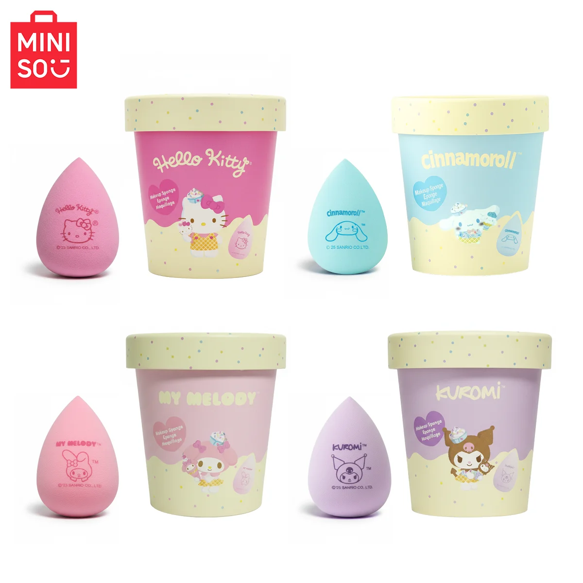 MINISO Hello Kitty et Friends Snack Shop Tasse de stockage de crème glacée Oeuf de maquillage 1 paquet Outil de maquillage facile à appliquer longue durée