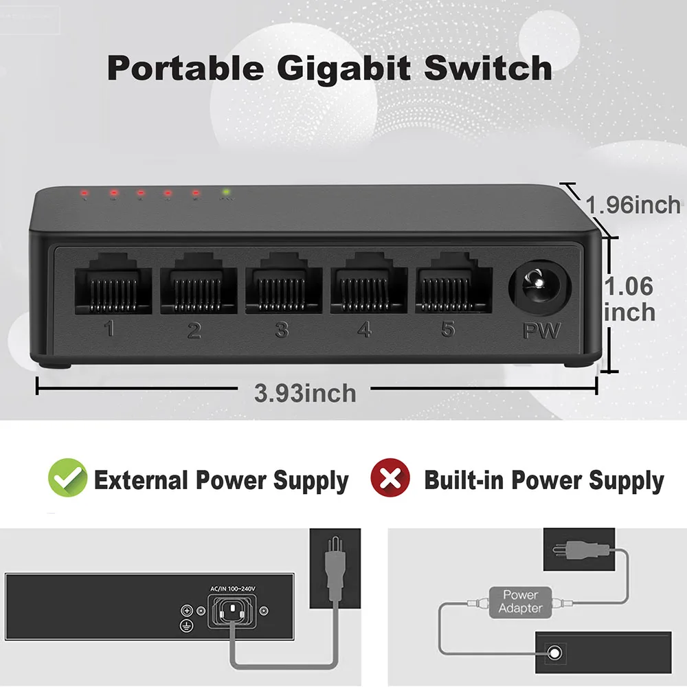 Mini Switch de Rede com 5 Portas, Ethernet 1000Mbps, 100Mbps, Smart Hub RJ45, Injector de Internet para Câmera IP e Roteador