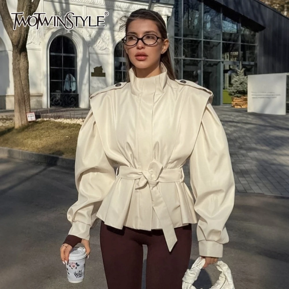 

TWOTWINSTYLE French Office Windbreaker for Women Lapel Shoulder Pud Long Sleeves Spliced Lace Up Slimming Basics Jacket Autumn