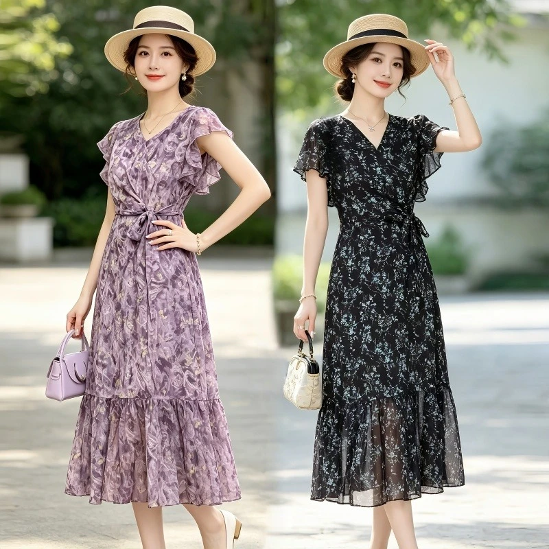 Elegant Bohemian Floral Dress for Women - Short Ruffle Sleeve Wrap V-Neck with Tiered Skirt, Perfect Spring Summer Vacation Wear