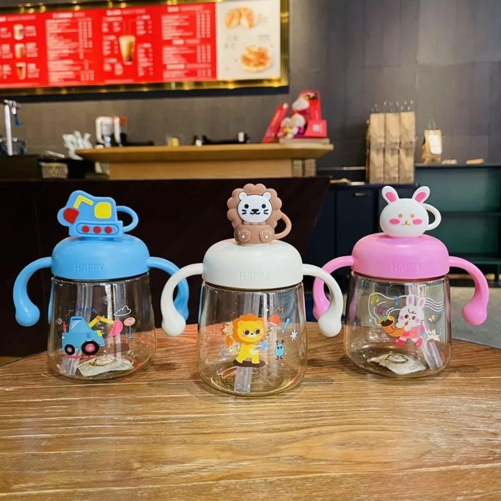 Creative Cartoon Baby Feeding Bottle with Straw 350ml Baby Drinking Cup Wide Caliber Drop Resistant Toddler Milk Cup Baby
