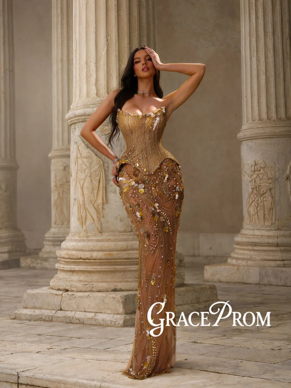 

Golden Beaded Corset Evening Dress Luxurious Illusion Sheath Long Wedding Party Gowns Customized Captivating Banquet Gowns