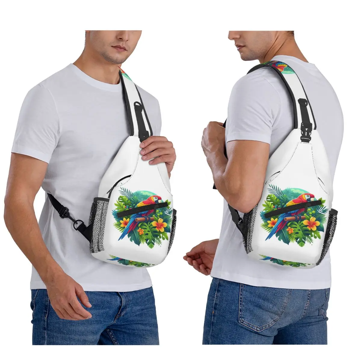 Colorful Tropical Parrot With Flowers Print Chest Bag Men Sling Crossbody Backpack Chest Bag Hiking Daypack Shoulder Bag