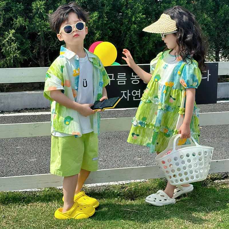 

Brother Sister Matching Funny Outfits Baby Twins Clothes Little Girl Green Dresses Vacation Child Boy Shirts Sibling Clothing