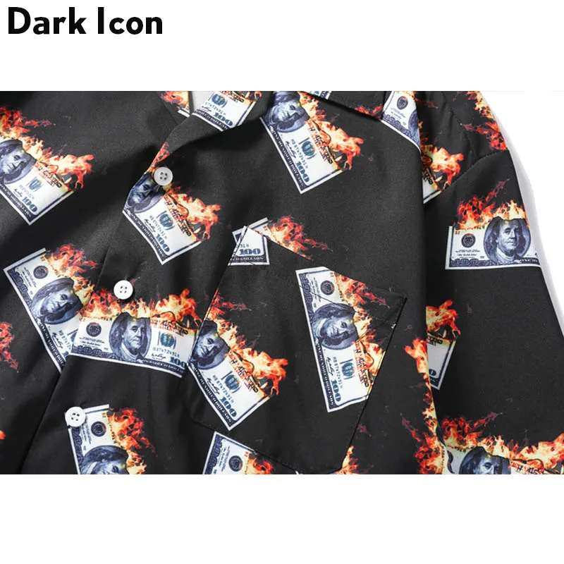 Dark Icon Flame Dollar Button Down Men\'s Shirt Summer Vintage Street Shirts Man Clothes Black