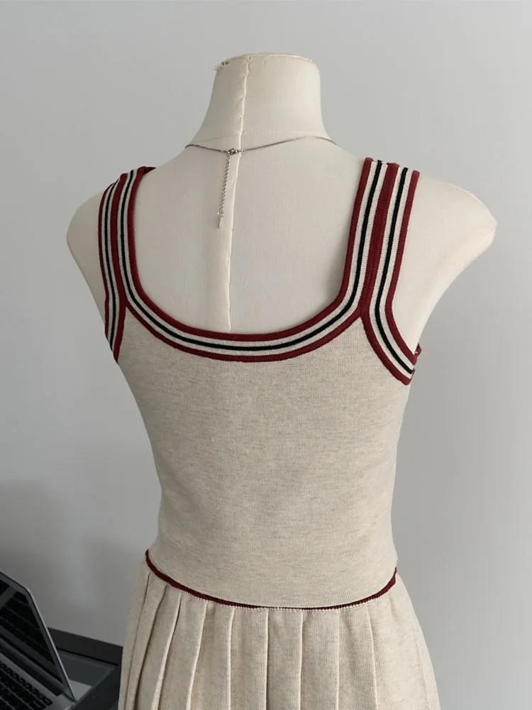 American Vintage Fashion Outfits 2 Piece Skirt Set Khaki Striped Tank Top Cozy + Classical Elastic Waist Pleated Skirt Elegant