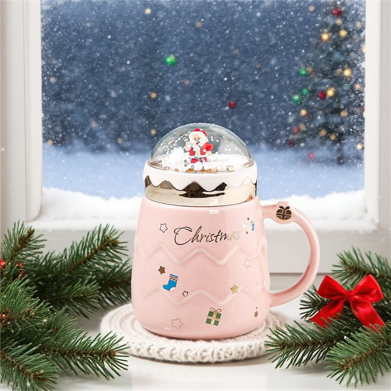 Cute Santa Claus Figurines Lid Ceramic Cup Christmas Gift Creative Snowball landscape Lid Mugs Milk Coffee Cup For Office Home