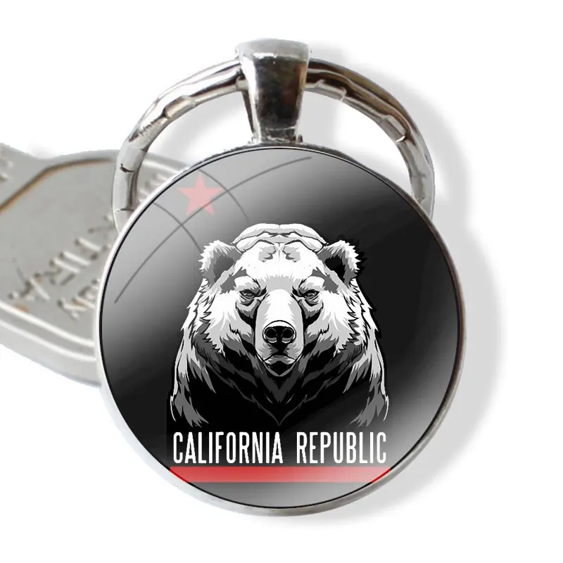 Llavero colgante de Metal de vidrio para hombres y mujeres, accesorios de llavero clásicos, regalos de joyería, Bandera de California, oso personalizado