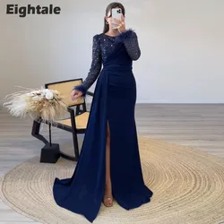 Eightale Navy Blue Evening Dress Feather Mermaid Arabic Long Sleeves Customized Sequined Prom Wedding Party Gown Abendkleider