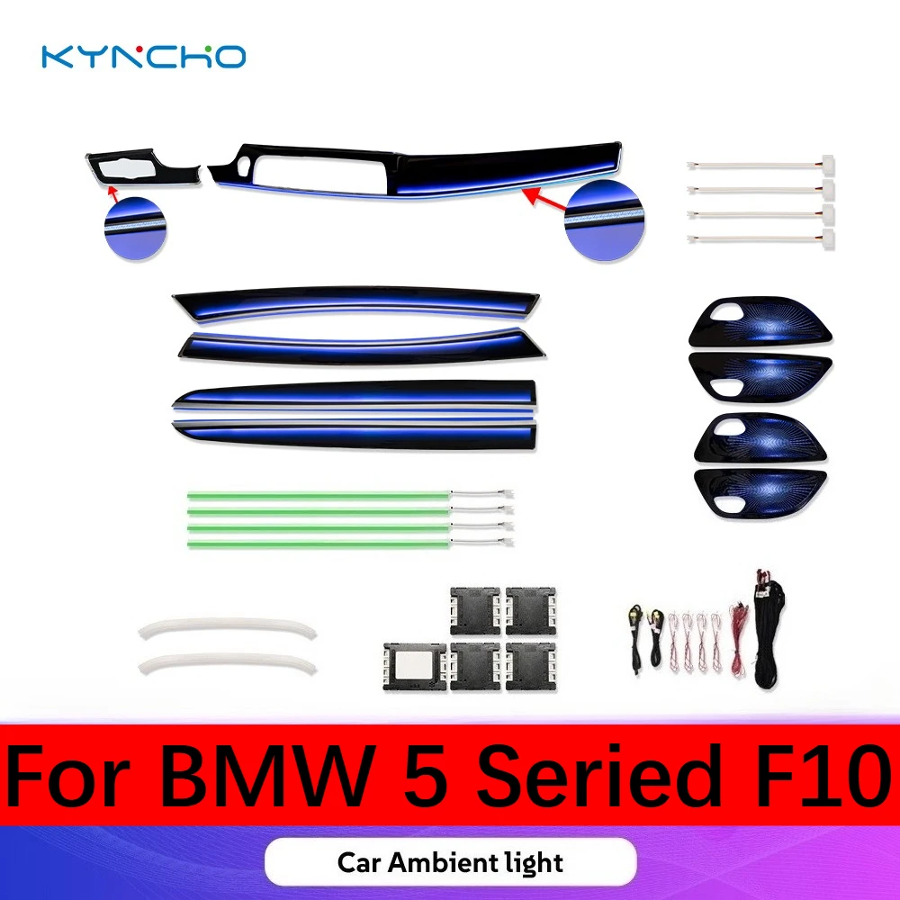 Zestaw oświetlenia ambientowego LED do samochodu BMW serii 5 F10, 64 kolory, Dream-color RGB, sterowanie aplikacją Bluetooth, symfoniczne oświetlenie wnętrza.
