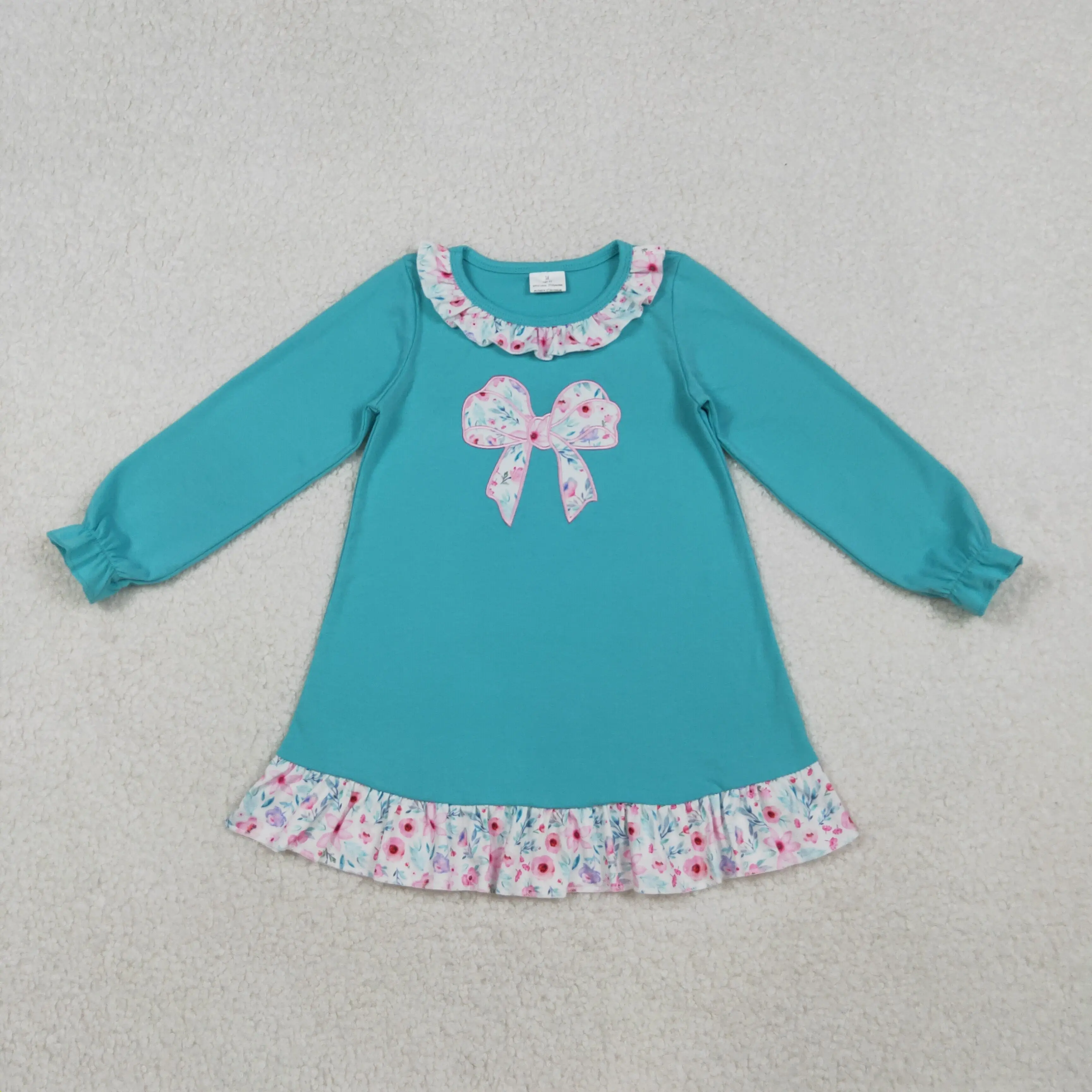 

X10.17 Winter baby girl dress with embroidered flowers and bow pattern blue long sleeve dress