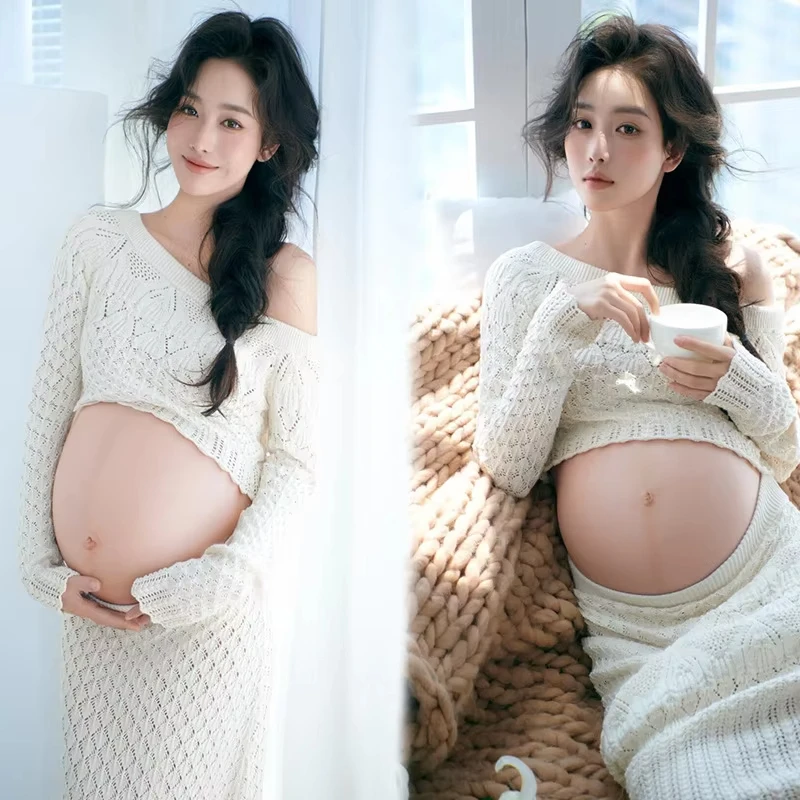 Elegant White Maternity Dress One-Shoulder Knitted Pregnancy Top Skirt for Women Photography Studio Photo Shoot Clothing view 6