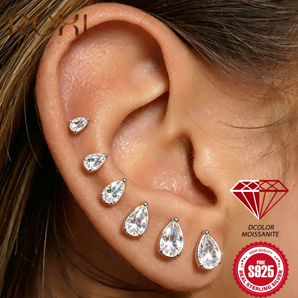 ROXI Ohrringe in verschiedenen Größen aus 925er Sterlingsilber mit runden, birnenförmigen und marquiseförmigen Zirkonia-Steinen, flache Rückseite, für Damen, geeignet für Knorpelpiercings.