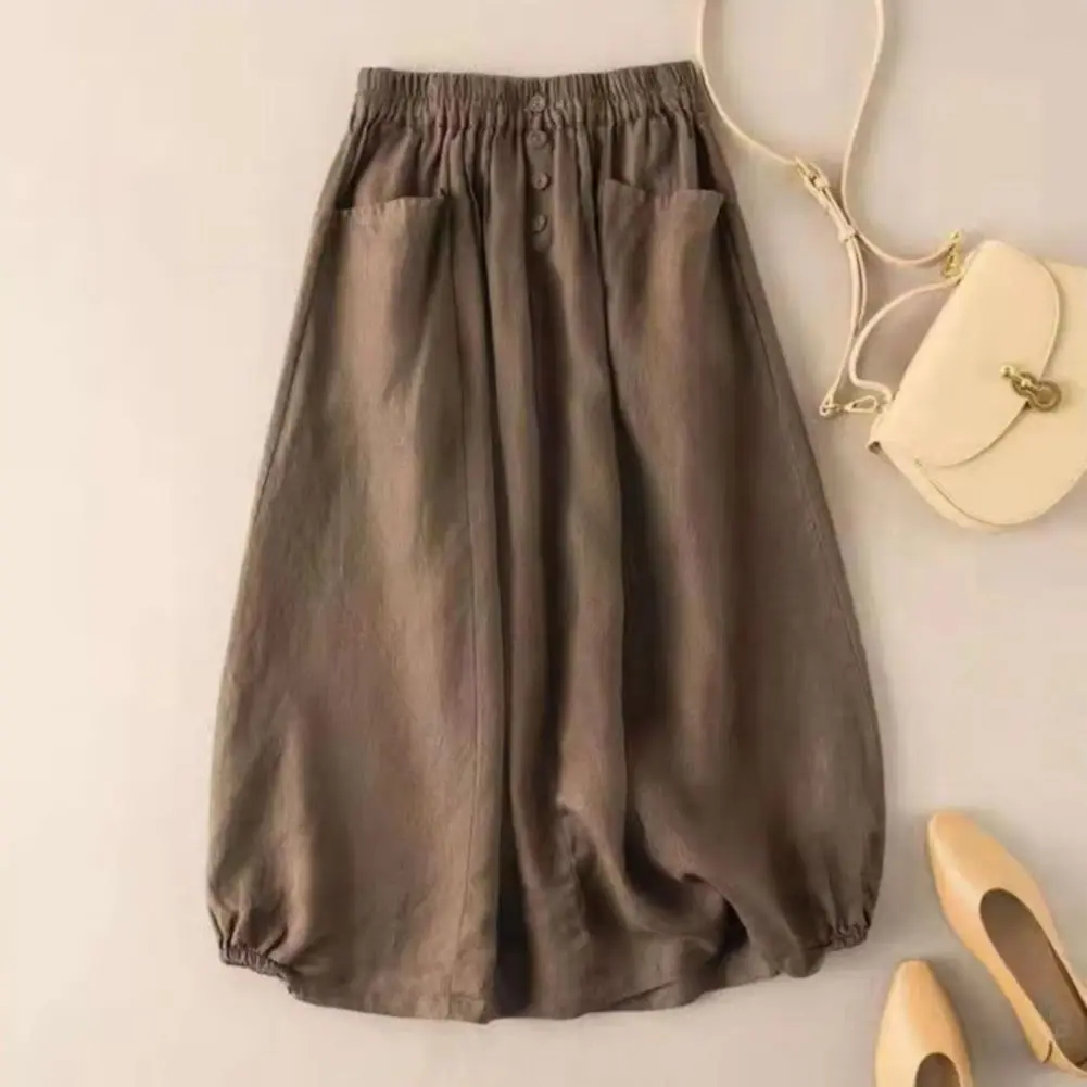 

2025 Women Midi Skirt High-Waist Elastic Waistband Pockets Buttons Decor Large Hem Skirt Solid Color A-Line Retro loose Skirt