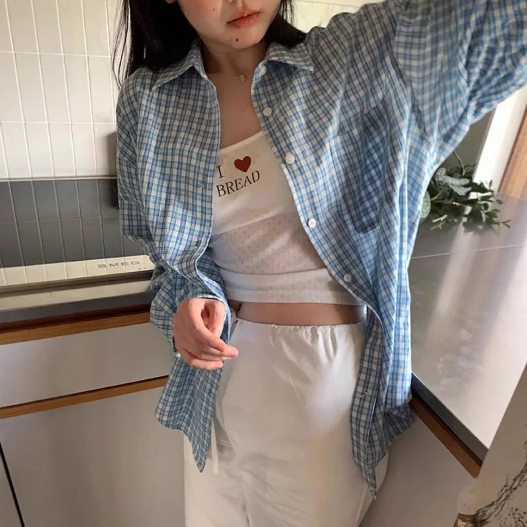Blue Plaid Shirt Jacket Women's Summer New Style Long Sleeve Top Spring Initial Fashion Blue Striped Button up Casual Shirt