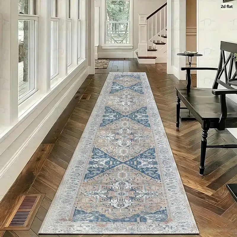 Faded Distressed Blue Oriental Carpet Flooring, Vintage Medallion Boho Area Rug for Bedroom Floor