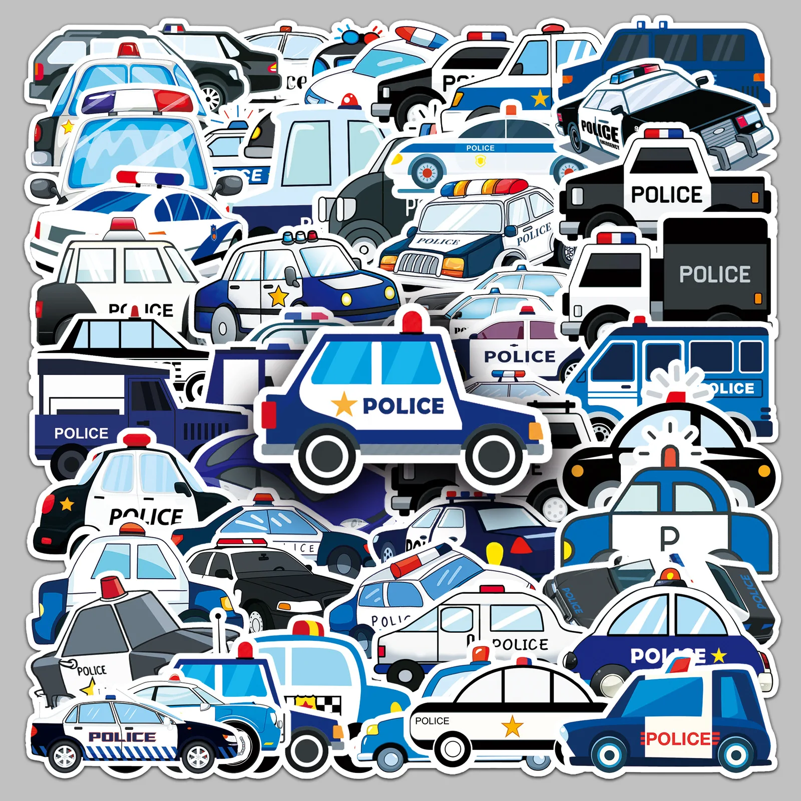 50 Uds. De pegatinas de grafiti con tema de coche de policía de dibujos animados, pegatinas para equipaje, juguetes para niños, recuerdos de fiesta de cumpleaños, bolsa de regalos para Baby Shower