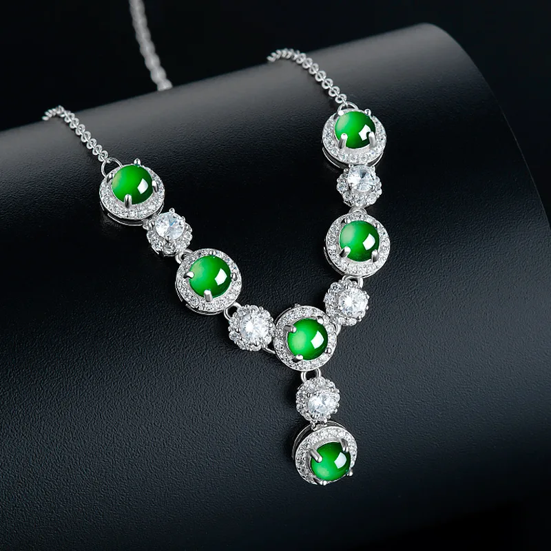 

High-End Natural a Cargo Green Surface S925 Silver InlayJade Stone Women's Fashion Pendant Set Chain