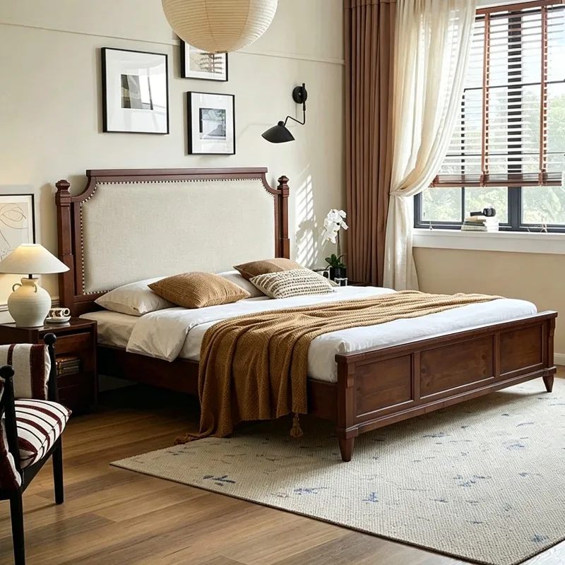 American-style Luxury Solid Wood Bed, Vintage King-size 1.8-meter Bed, Double Bed, Bedroom Furniture for Villas and Hotels