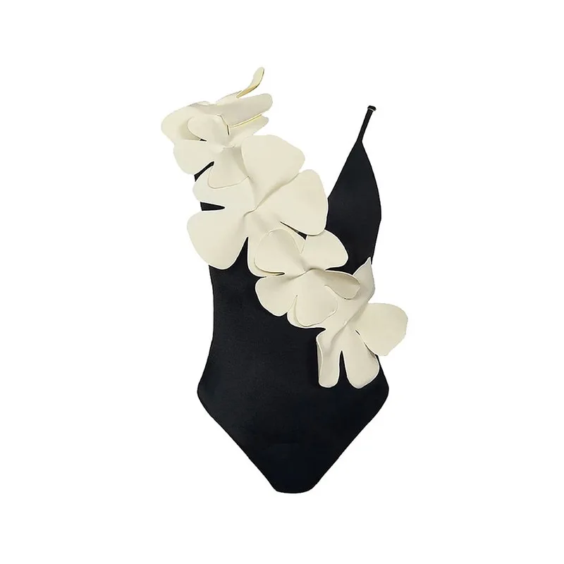 Women Swimsuits Diagonal Shoulder Strap Ruffle Decoration One Piece with Flower Skirt