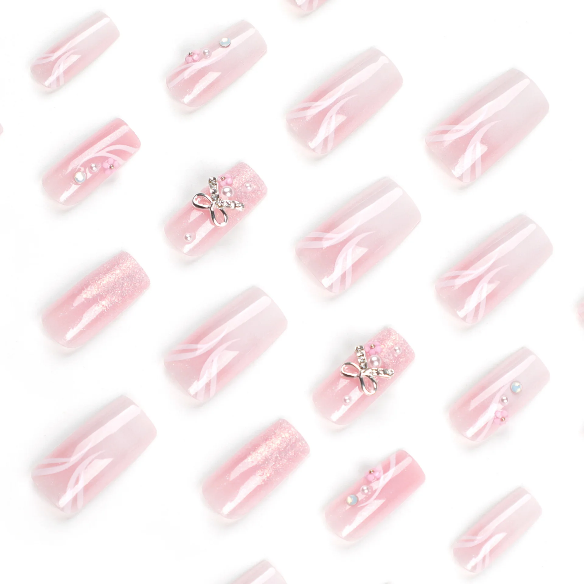24 Stück mittelgroße rechteckige künstliche Nägel, Schleife, Glitzerpulver, tragbare Maniküre, zum Aufdrücken der Nägel, solide