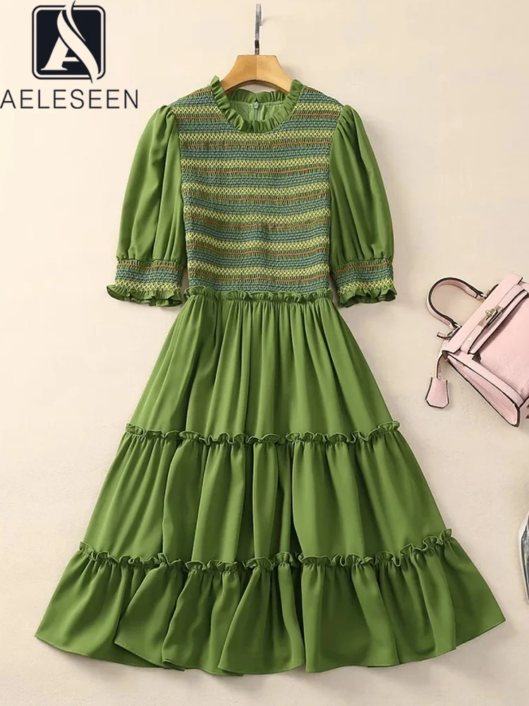 

AELESEEN Vintage Mini Dress For Women Summer Ruffles Lantern Sleeve Elastic Green Pink Edible Tree Fungus Casual Retro Holiday