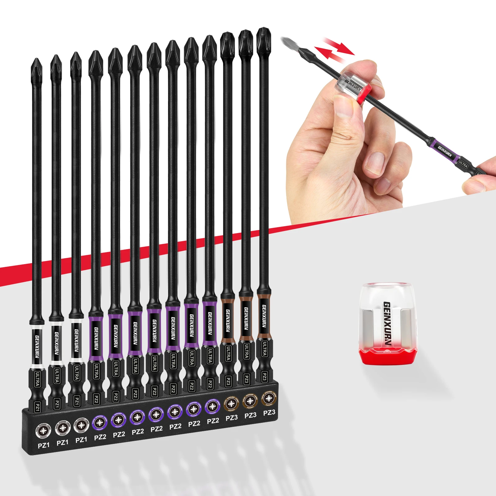 Geinxurn 6Inches Impact Magnetic PZ1,PZ2,PZ3 Screwdriver Bit Set,S2 Alloy Steel Bit Set with Magnetizer/Demagnetizer and Base