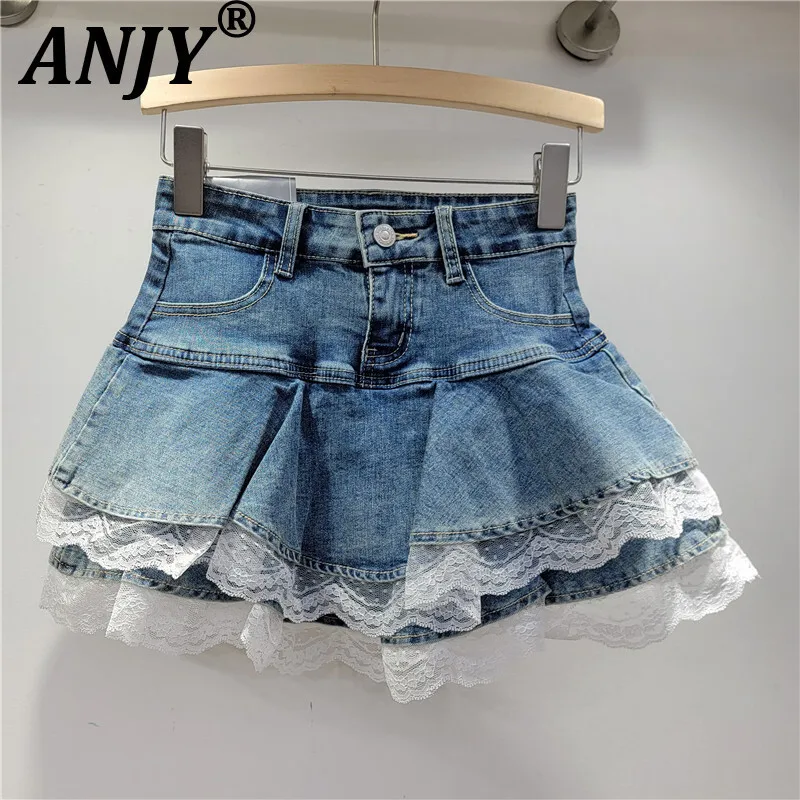 

ANJY Summer New Women's Streetwear Chic Y2K Vintage Versatile Pleated Denim Patchwork Lace Hem Multi-layer Puff Mini Skirt A7678