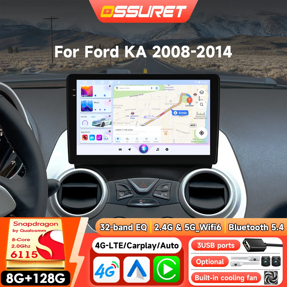 Android Auto-Multimedia-Videoplayer für Ford KA 2008 - 2014, kabelloses Carplay, intelligentes Radio, 2DIN, 360-Grad-Kamera, Autoradio, GPS, Stereo, DSP, 4G Wifi, 1280*720 Bildschirm