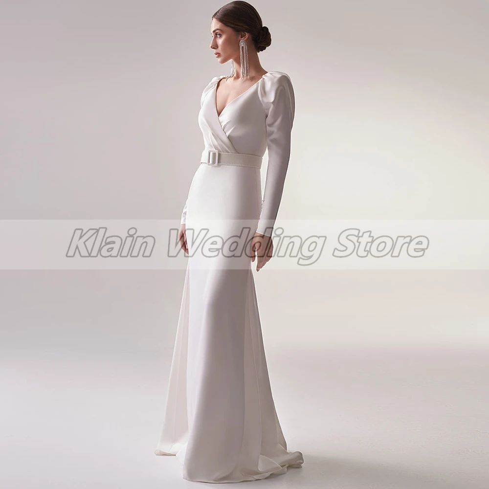 Customized Weilinsha Simple White Mermaid V-Neck Wedding Dresses Jersey Pleats Long Sleeves Zipper Back Bridal Dress For Bride W