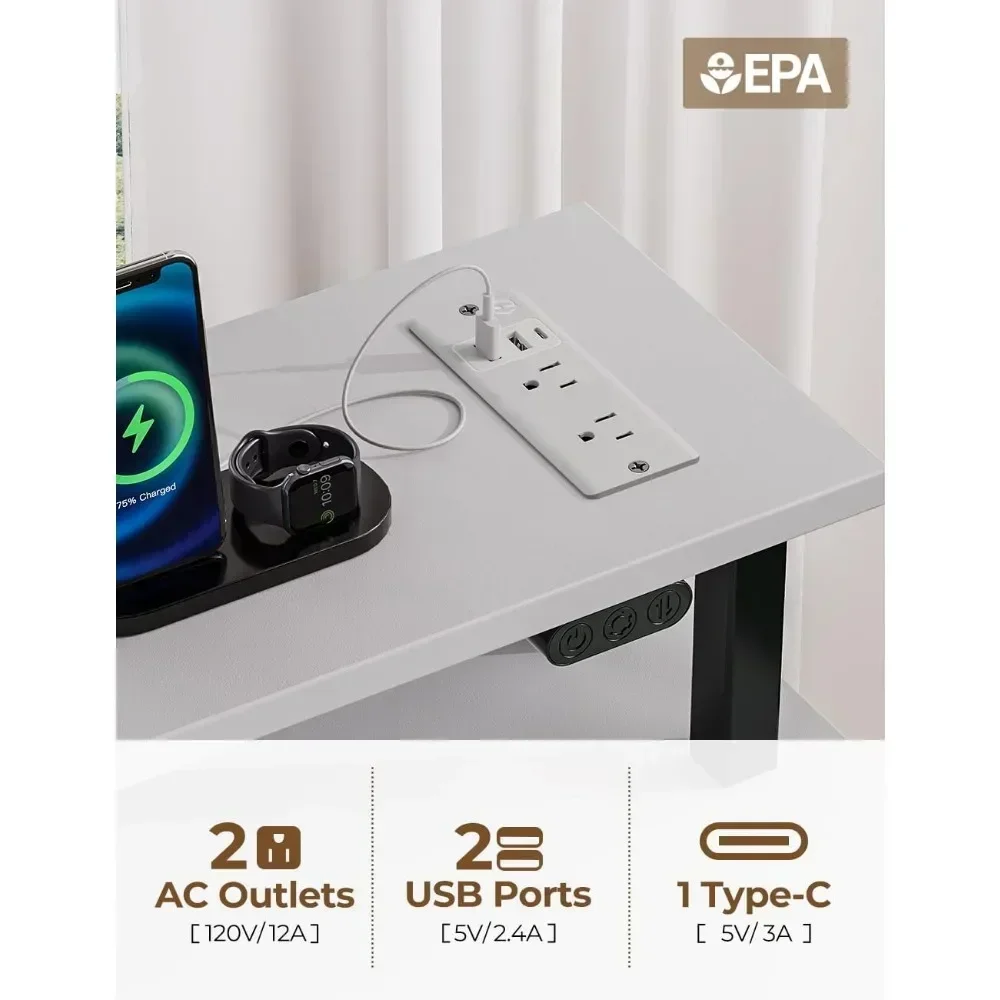 Mesa do Computador com Tomadas Elétricas e Luz LED, 39 ", Mesa Home Office, 3 Gavetas e Prateleiras de Arrumação