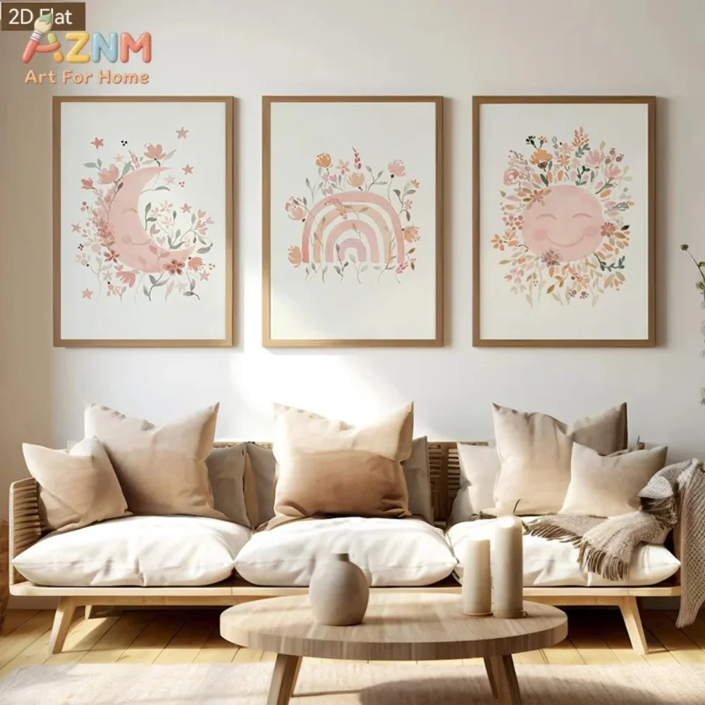 1pc/3pcs Soft Pink Floral Rainbow Wall Art, Nordic Style Fresh Watercolor Print, Elegant Art Decor for Living Room Wall