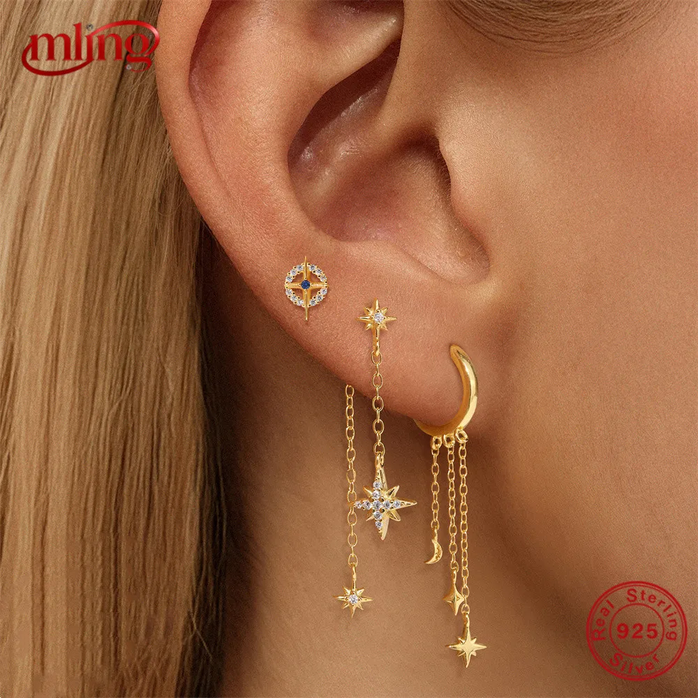 

MLING Blue CZ Eight-pointed Star 925 Sterling Silver Tassel Chain Earrings For Women Classic Star Moon Petal Drop Earrings Gift