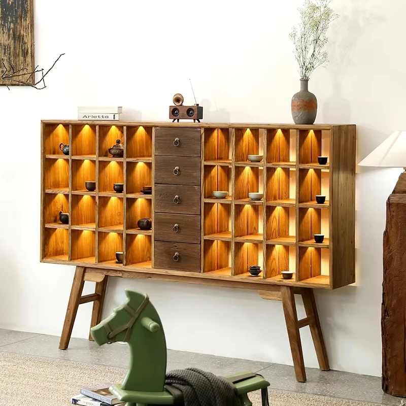 Modern solid wood antique buffet with lighting storage display stand, suitable for room living room furniture