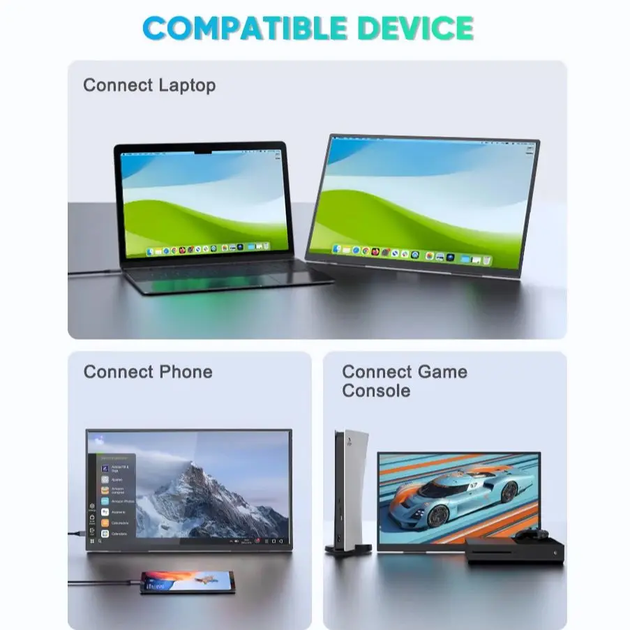 23.8" 120Hz Monitor Portable Gaming Screen Laptop Extender Display 1080P 100%sRGB  With VESA & Stand 180° Adjustable For Laptop