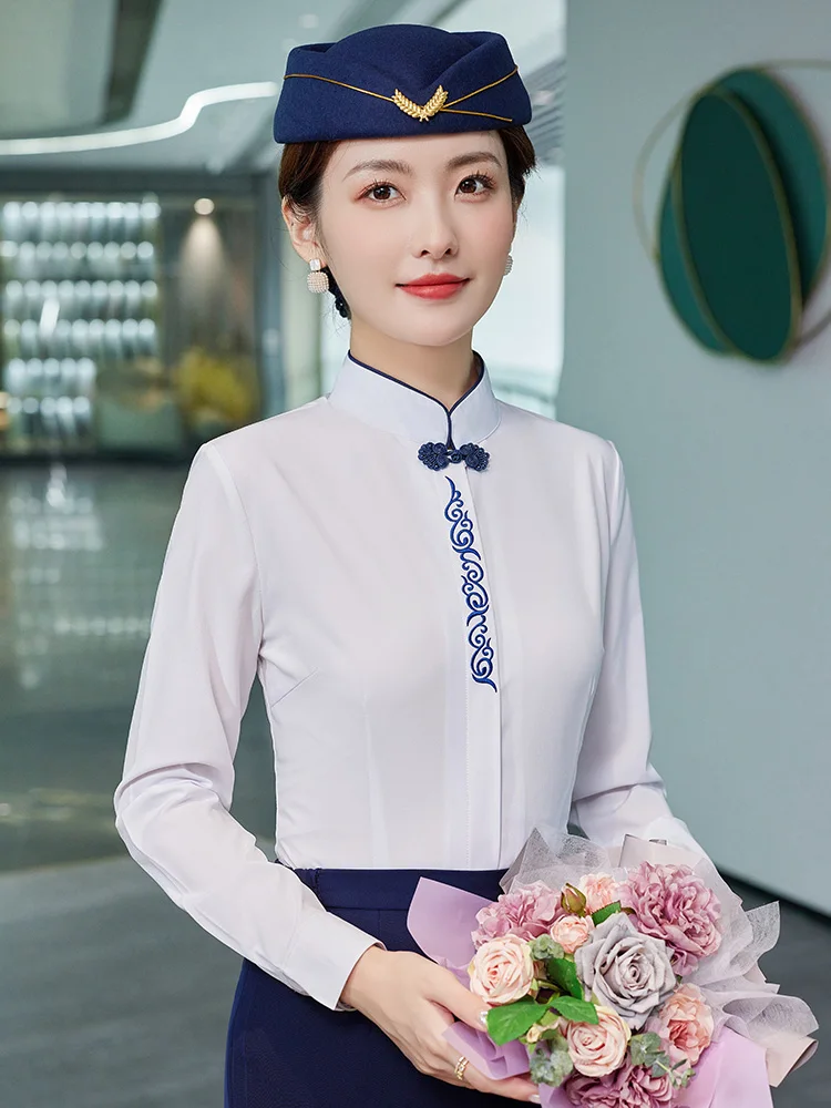 

Profional Women's irt 2025 New Sle Air Steward orm Hotel Front Desk Work orm Long Sve Slim Fit Commute S...