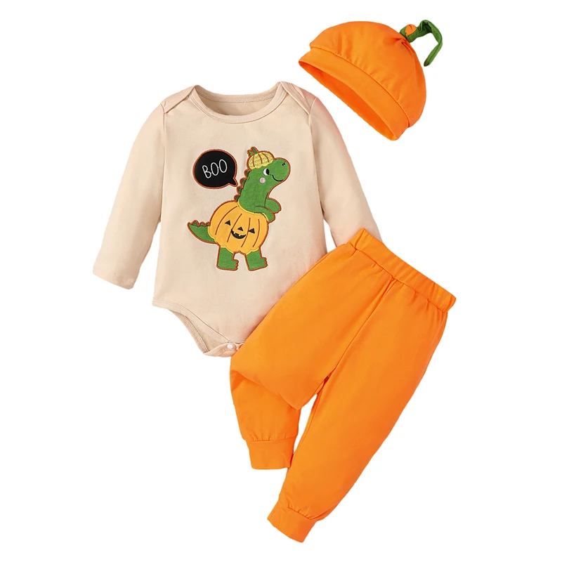 3-Piece Baby Boy Halloween Set Dinosaur Embroidered Long Sleeve Romper Long Pants Hat Outfits