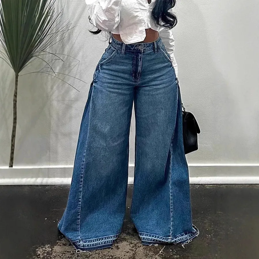 Women's Y2K Baggy Mid Waist Long Length Washed Flared Jeans with Fringe Hem and Front Zipper Closure Women Wide Leg Raw Edge