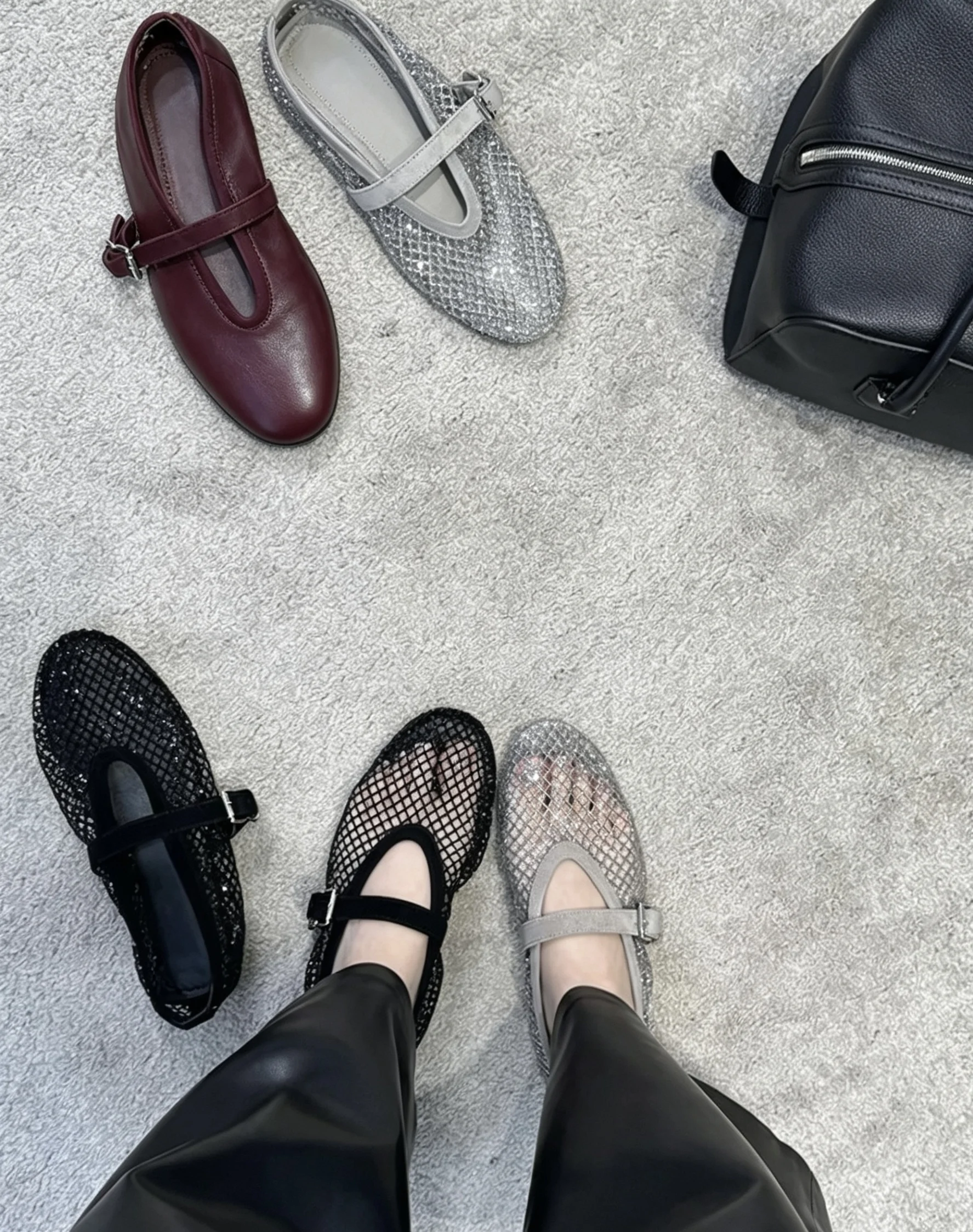 Women's Hollow Out Fishnet Mary Janes 26S Rhinestone Mesh Flats Summer Breathable Ballet Shoes One Word Buckle Strap Single Shoe