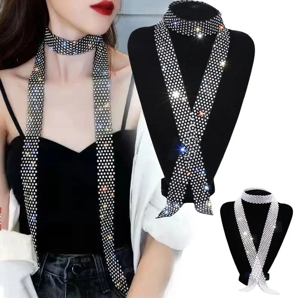 Lightweight 90/130/150cm Rhinestone Tie Black/White Long Necktie Shiny Exquisite Dazzling Embellished Tie Unisex