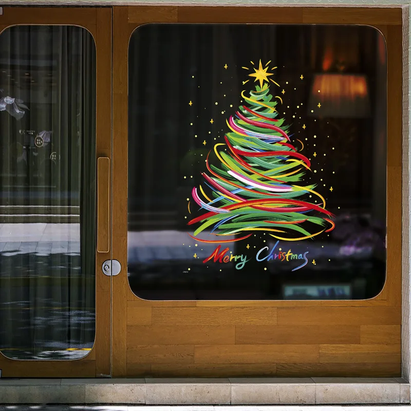 Color Brush Stroke Christmas Tree Static Window Clings No Glue Merry Christmas Glass Stickers Xmas Shop Window Home Decor Decals