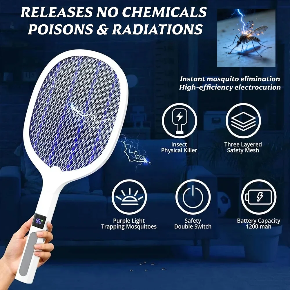 4000V Electric Fly Swatter Insect Killer Type-C Rechargeable Detachable Handheld Automatic Tapping Mode Indoor Outdoor for Home
