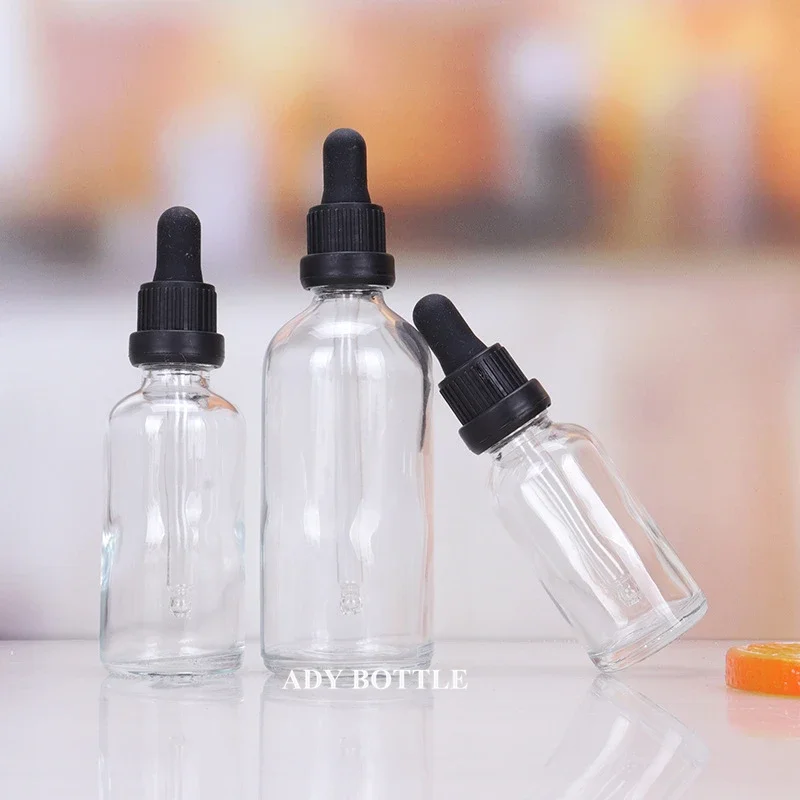 5/10/15/20/30/50/100ml Reusable Essential Oil Bottle Black Plastic Rubber Head Dropper Black Cap Clear Glass Cosmetic Container