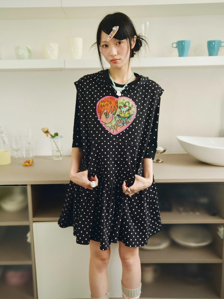 

Худи-платье Haveal X Bird Collaborative с принтом "Observation Pudding" и двухцветным принтом в горошек, креативный дизайн, индивидуальный стиль.