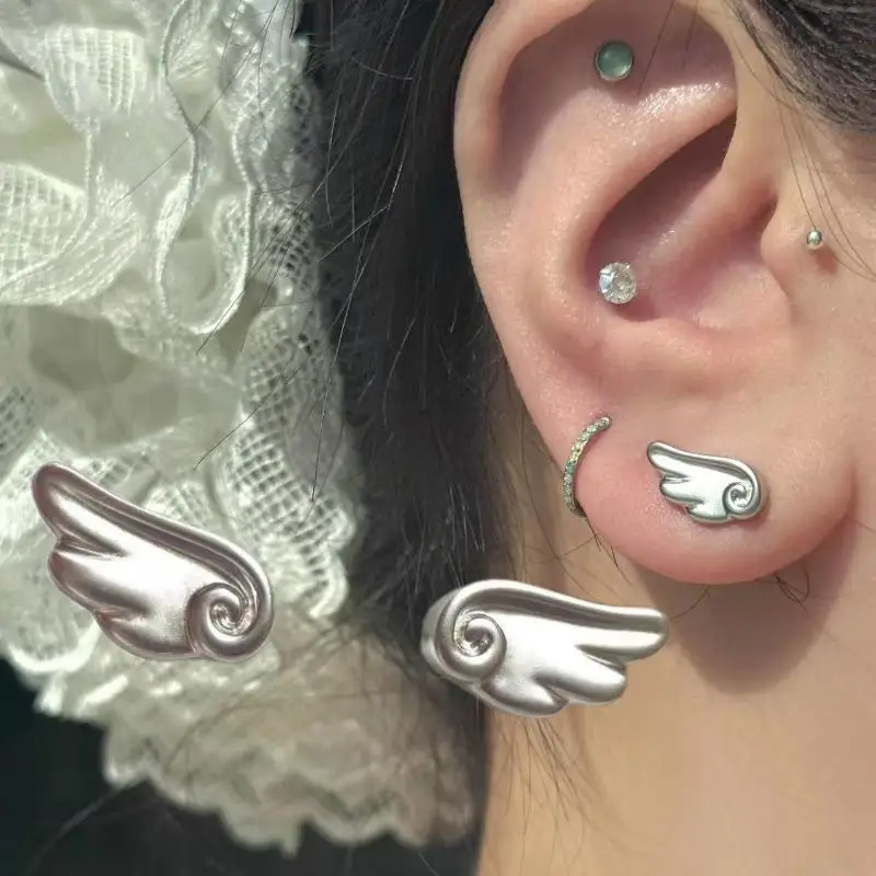 2 3Pcs Y2K Shiny Angel Wing Earrings Stackable Ear Studs Piercing Jewelry for Stylish Women and College Students