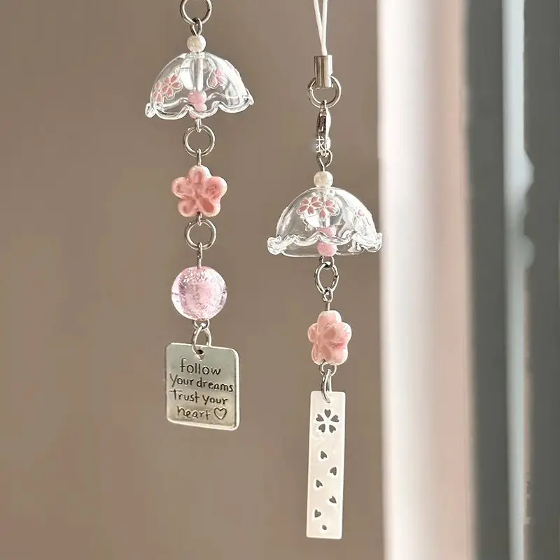 Handmade Beads Pendant Plastic Ins Phone Chain Cherry Blossoms Keychain Simple Wind Chimes Pendant For Phone Camera Bag