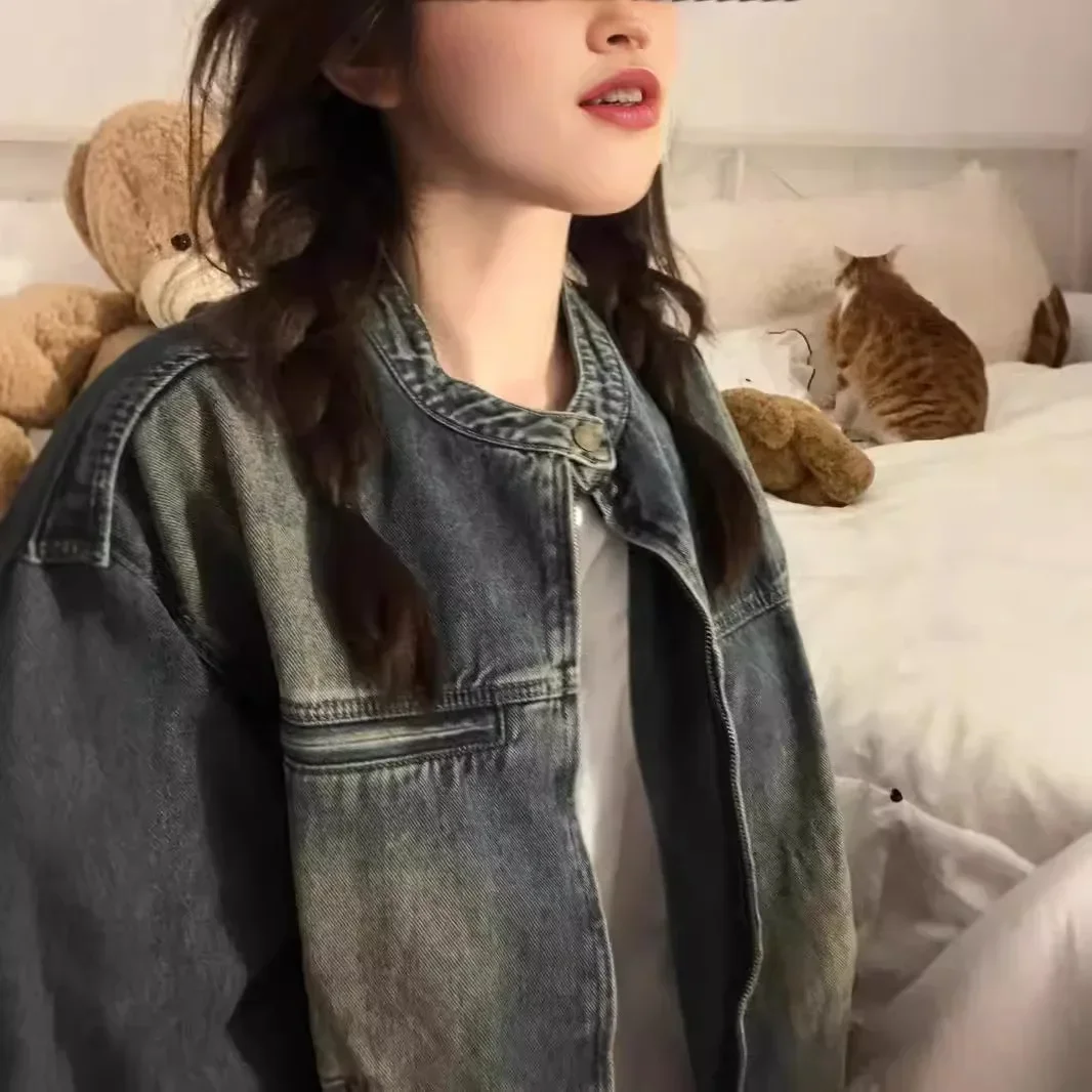Vintage Denim Jackets Women Washed Distressed Overcoat Zipper Fly Pocket Outerwear Streetwear 2024 Autumn Female Jean Coat