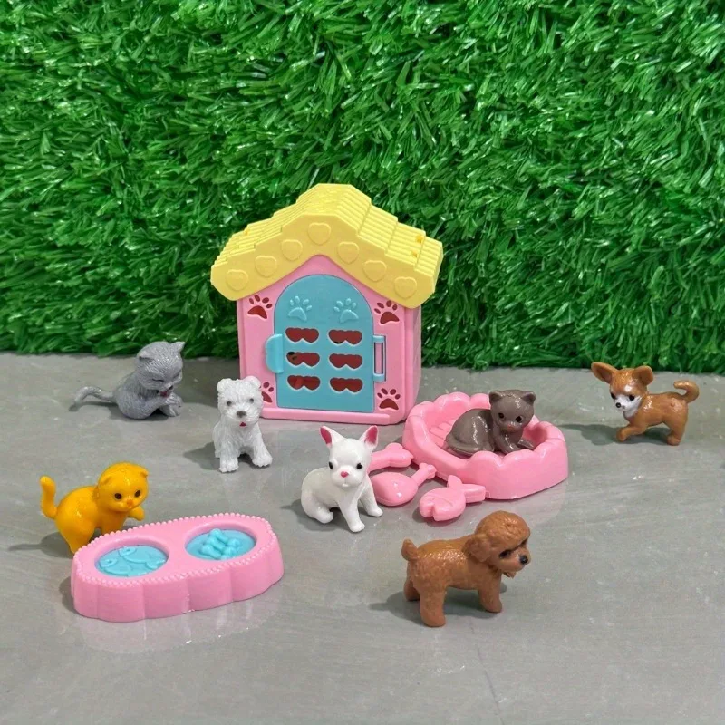 مجموعة واحدة من الجراء الصغيرة العشوائية مع ملحقات بيت الدمى - ديكور بيت الحيوانات الأليفة DIY، ألعاب بيت لطيفة لمشهد المنزل، هدية العيد